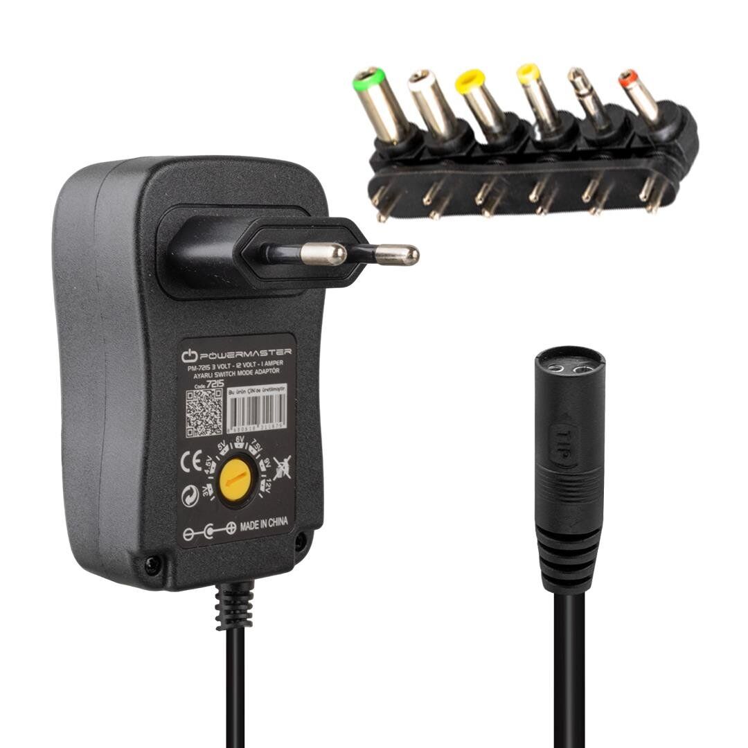 Powermaster 3-12 Volt 1 Amper 30 Watt Ayarlı Çok Uçlu Şarj Cihazı Adaptör