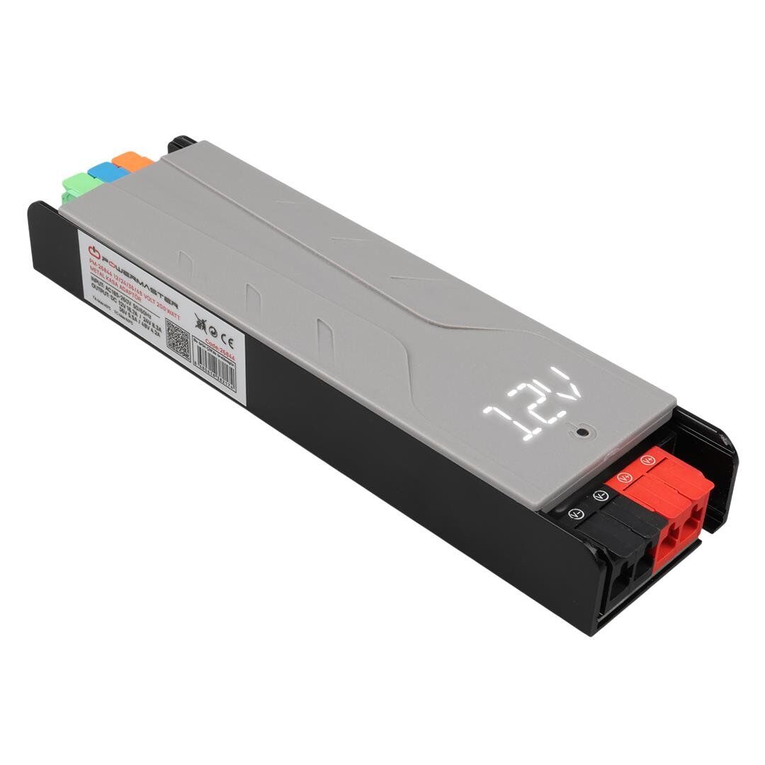 Ayt Powermaster PM-26844 12-24-36-48 Volt 8.4 Amper 200 Watt Metal Kasa Kademeli Adaptör Voltaj Göstergeli 189X51x27mm
