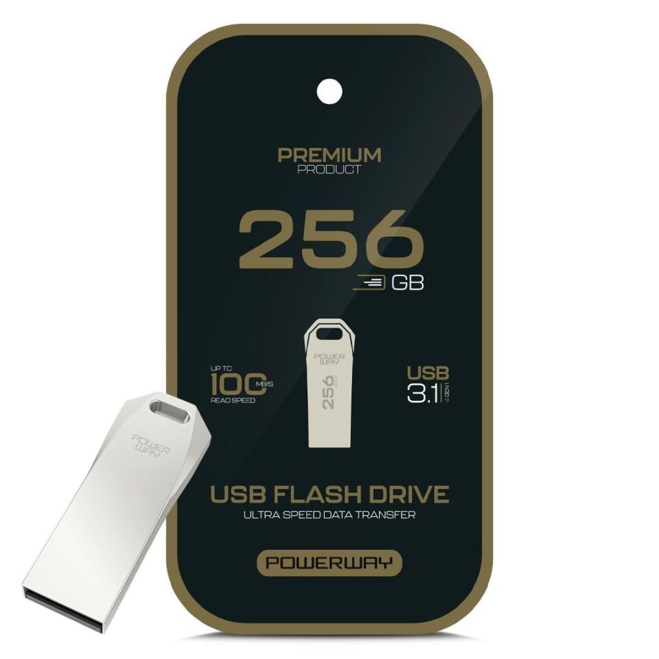 Powerway Premium 256 GB 100MB/S Ultra Hızlı USB 3.1 Metal Silver Flash Bellek