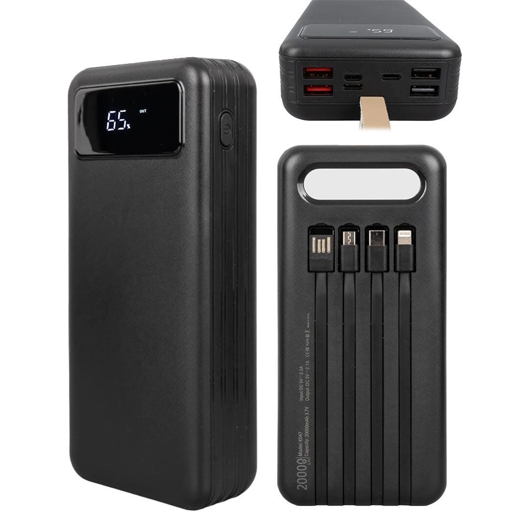 Ayt Powermaster K047-20 20000mAh Dijital Göstergeli Usb Micro Lightning Type-C Kablolu Fenerli Powerbank Güç Kaynağı