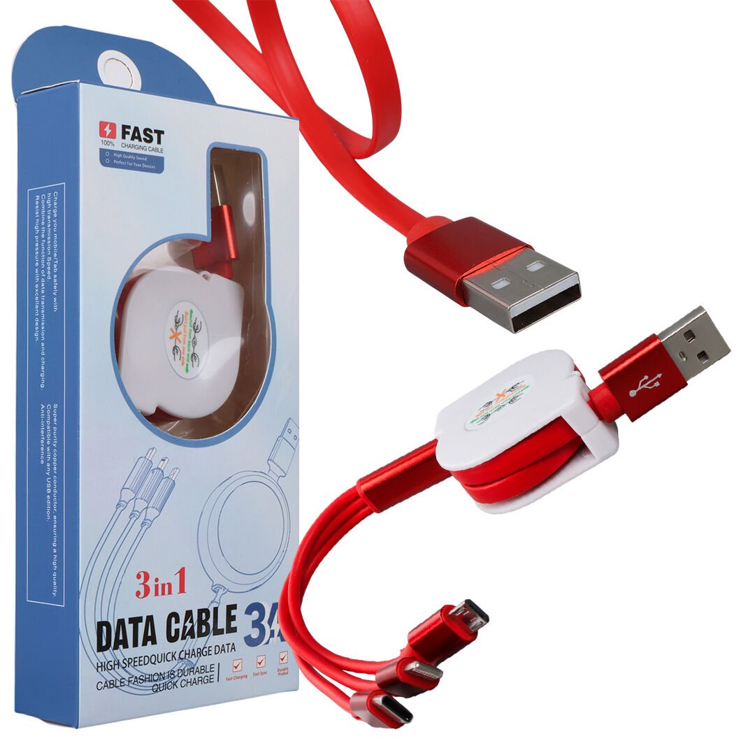 Ayt Powermaster 3 İn 1 Kırmızı Şarj Data Kablosu Makaralı Type-c Micro Lightning İphone Şarj Kablo