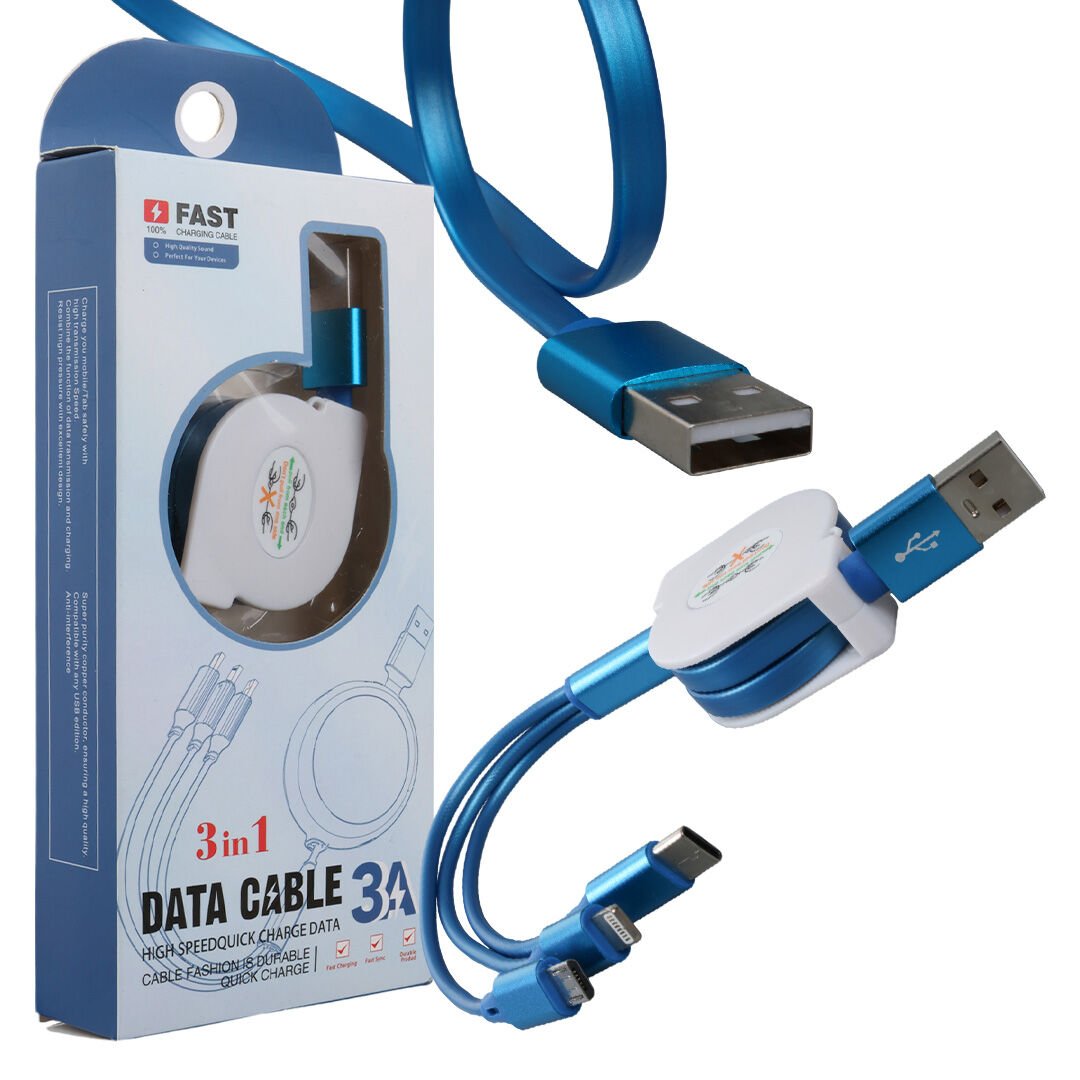 Ayt Powermaster 3 İn 1 Mavi Şarj Data Kablosu Makaralı Type-c Micro Lightning İphone Şarj Kablo