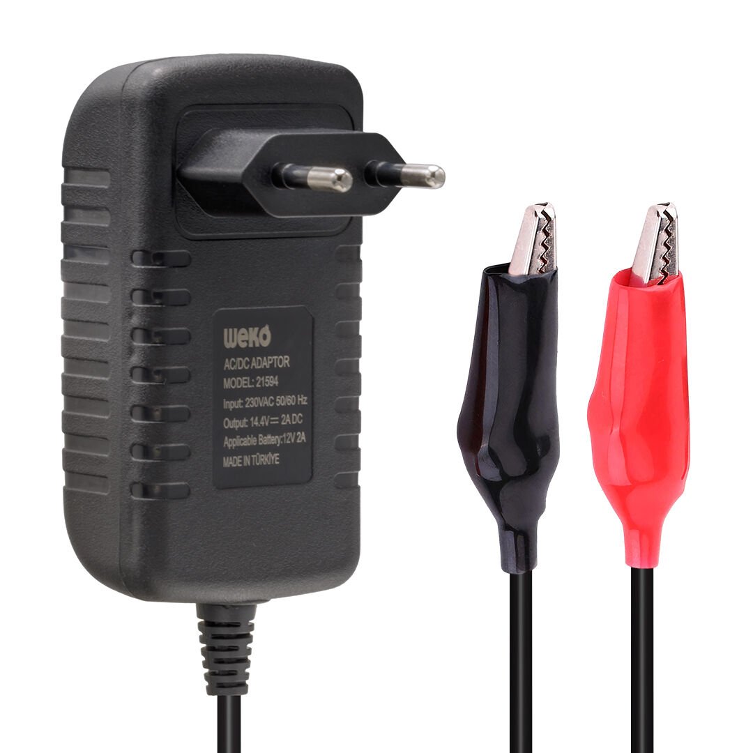 Weko 14.4 Volt 2 Amper Kırmızı Yeşil Ledli Yerli Üretim Krokodil Uçlu Akü Şarj Cihazı Aleti 14.4V-2A