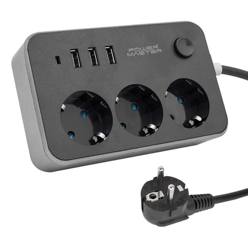 Powermaster 3 USB Çıkışlı 1.8 Metre Kablolu 3'Lü Akım Korumalı Priz (10A-2500 Watt) PM-17564