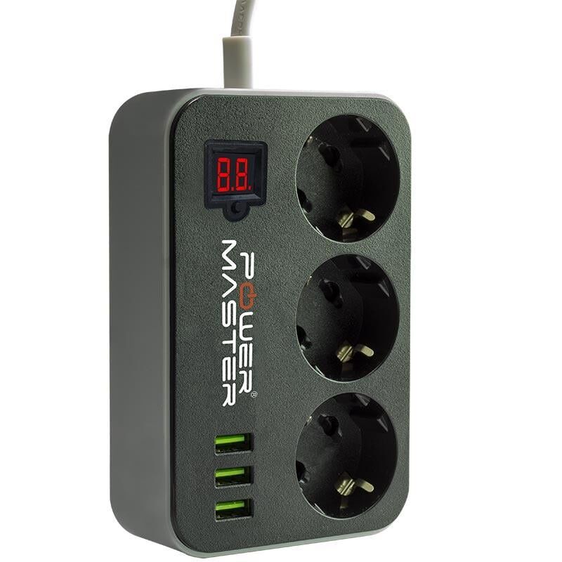 Ayt Powermaster 3 Usb Çıkışlı Dijital Ekranlı 10A-2500 W Siyah 1.8 Metre Kablolu 3'Lü Akım Korumalı Priz PM-18530