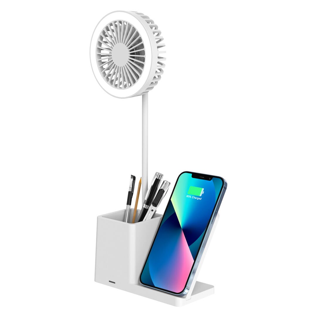 S-Link SL-M9055 Beyaz Type-c 10W Kablosuz Şarj Cihazı Fanlı Kalemlik Masa Lambası Hediyelik Usb Masa Fanı