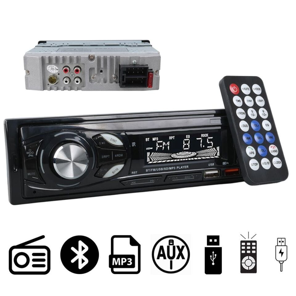 Ayt Carstar CS-107 Çift Usb Sd Hafıza Kartı Fm Radyo Aux Bluetooth Araç Teyibi Kumandalı Oto Teyp 4X60 Watt Dijital