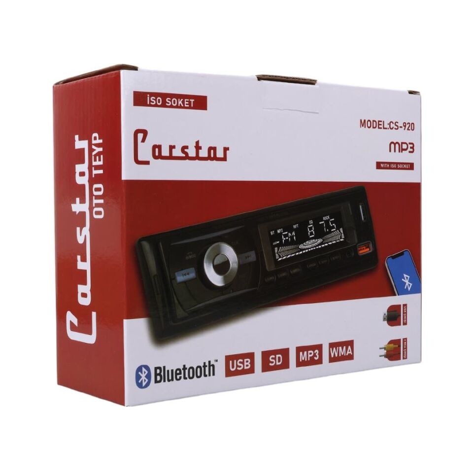 Ayt Carstar CS-920 Çift Usb Sd Hafıza Kartı Fm Radyo Aux Bluetooth Araç Teyibi Kumandalı Oto Teyp 4X60 Watt Dijital