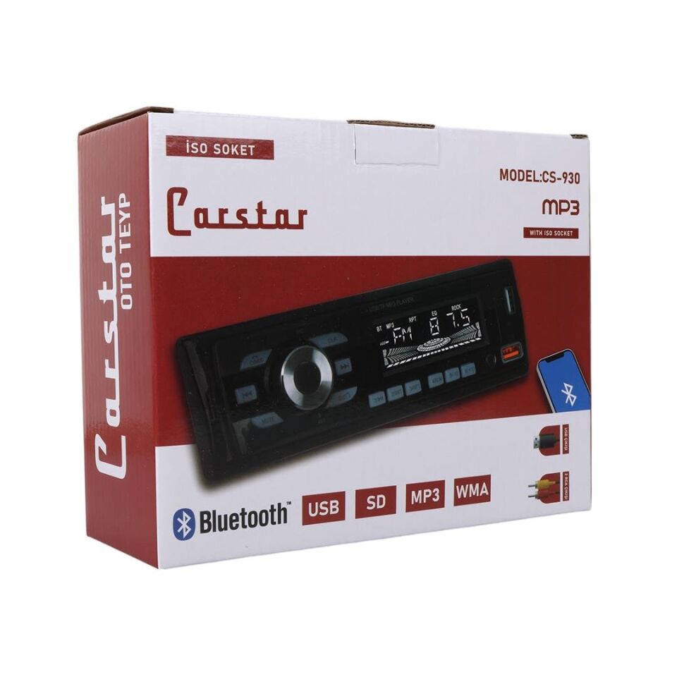 Ayt Carstar CS-930 Çift Usb Sd Hafıza Kartı Fm Radyo Aux Bluetooth Araç Teyibi Kumandalı Oto Teyp 4X60 Watt Dijital