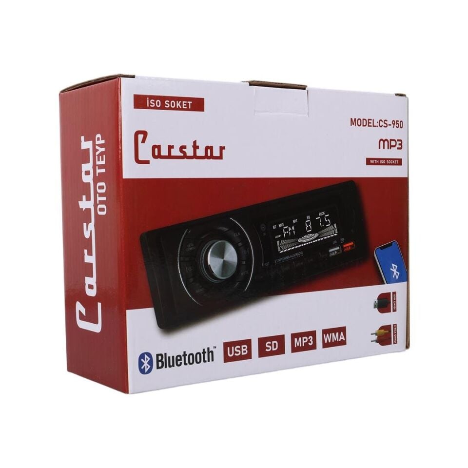 Ayt Carstar CS-950 Çift Usb Sd Hafıza Kartı Fm Radyo Aux Bluetooth Araç Teyibi Kumandalı Oto Teyp 4X60 Watt Dijital