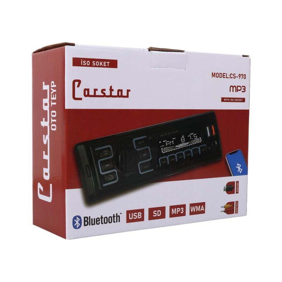 Ayt Carstar CS-970 Çift Usb Sd Hafıza Kartı Fm Radyo Aux Bluetooth Araç Teyibi Kumandalı Oto Teyp 4X60 Watt Dijital