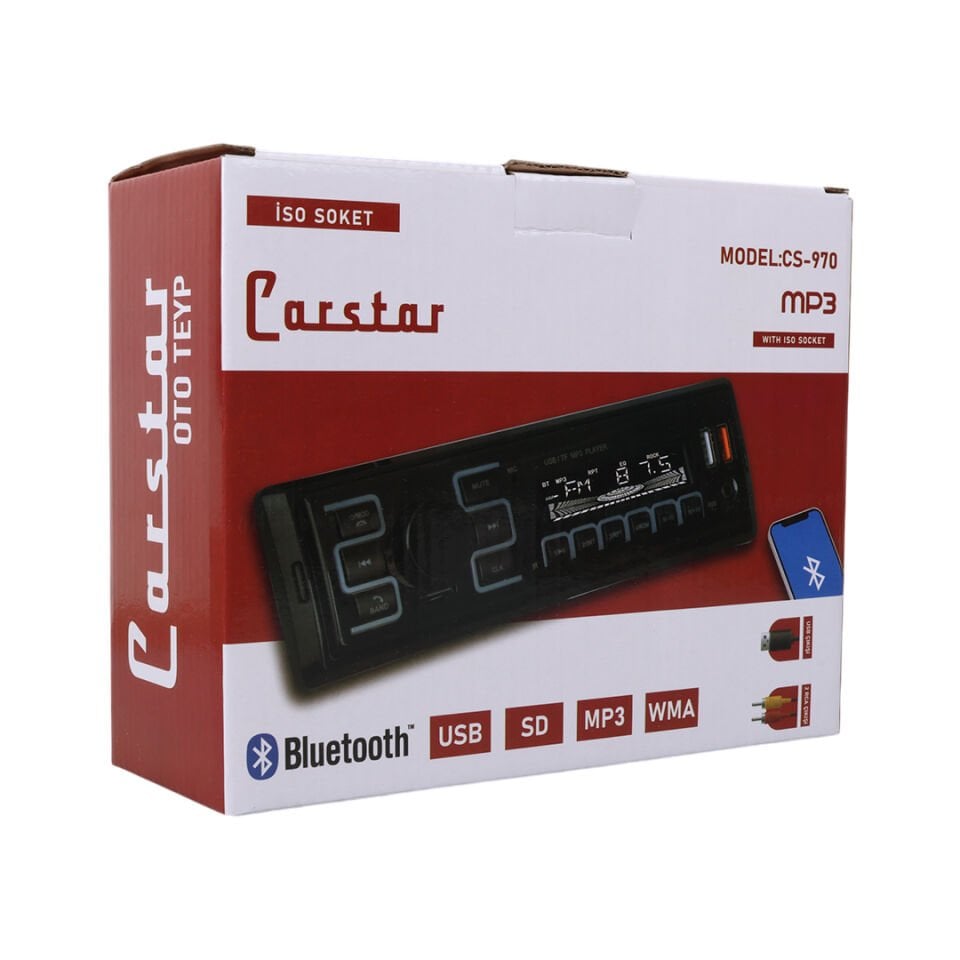 Ayt Carstar CS-970 Çift Usb Sd Hafıza Kartı Fm Radyo Aux Bluetooth Araç Teyibi Kumandalı Oto Teyp 4X60 Watt Dijital
