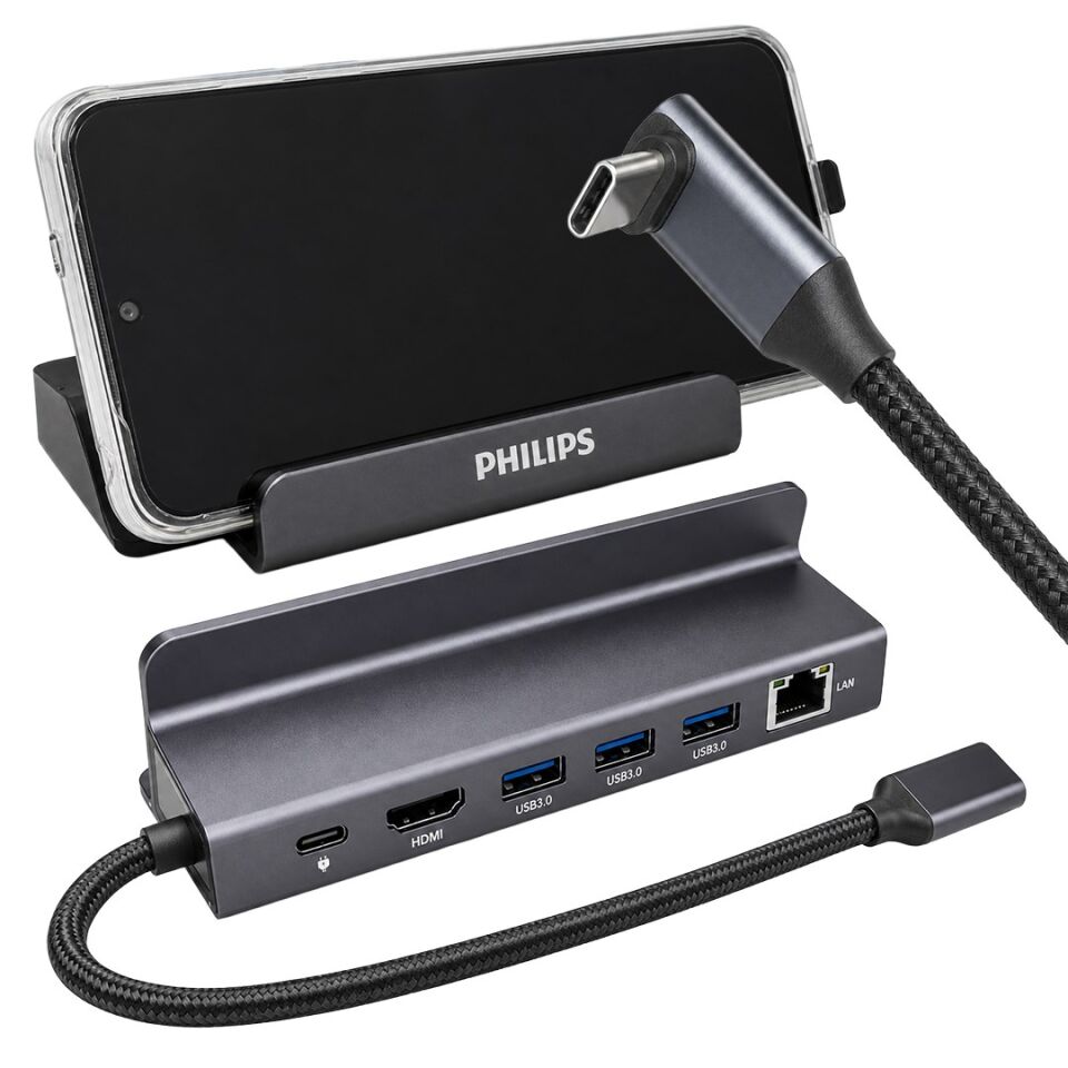 Philips SWR1691A/93 USB-C 6'Sı 1 Arada Stand Tasarımlı Hub - 4K 60Hz HDMI, 1000Mbps LAN, 100W PD