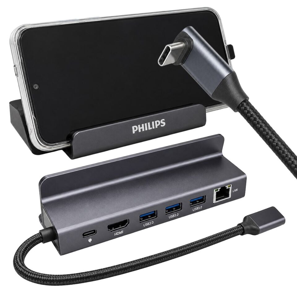 Philips SWR1691A/93 USB-C 6'Sı 1 Arada Stand Tasarımlı Hub - 4K 60Hz HDMI, 1000Mbps LAN, 100W PD