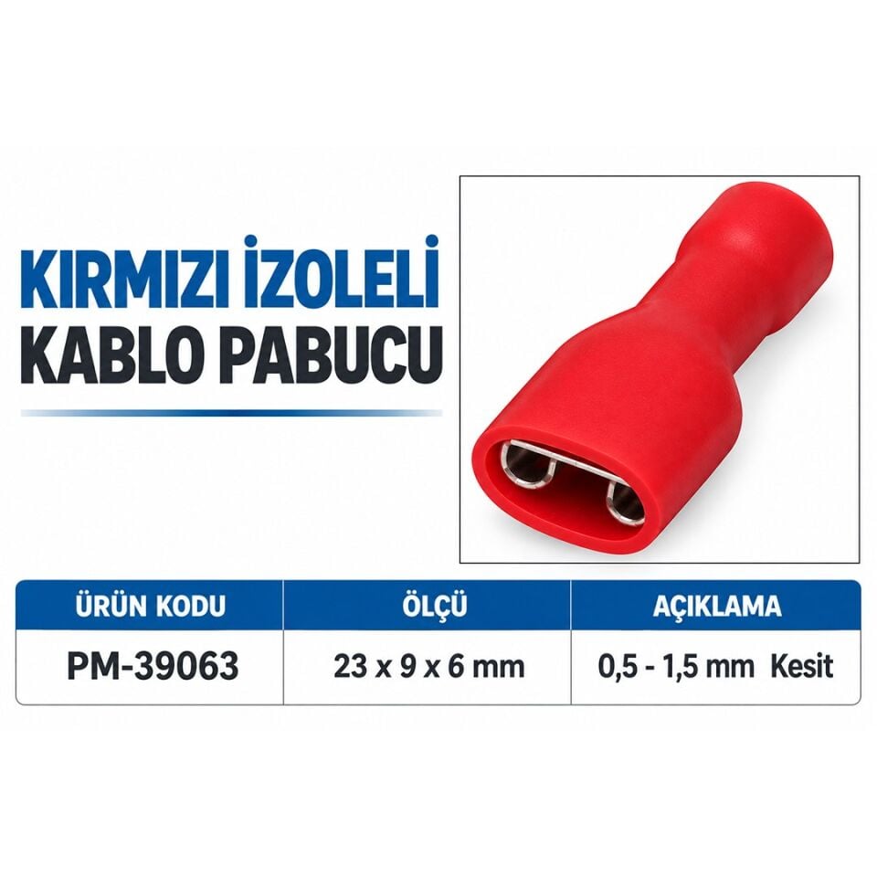 Powermaster PM-39063 0,5-1,5Mm2 Kesit 23X9x6mm Soket Kırmızı İzoleli Kablo Pabucu (100'Lü Paket)