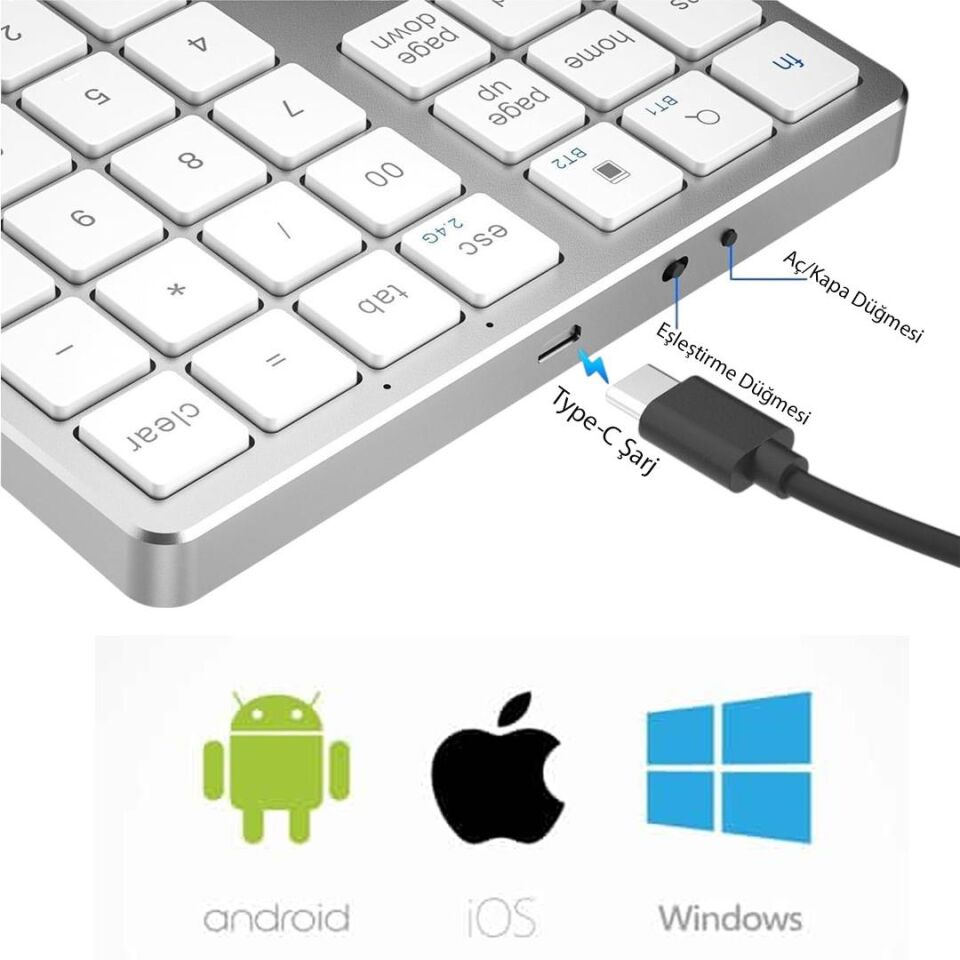 Ayt Powermaster PM-26596 Mini Gümüş Bluetooth 5.2 Kablosuz 35 Tuş Klavye Genişletme Sayı Bloğu Klavye Rakam Sayı Kısmı