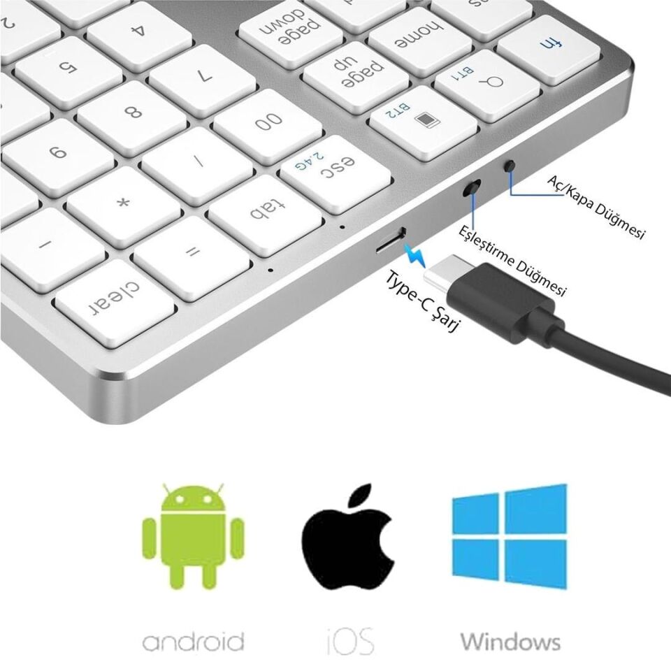 Ayt Powermaster PM-26596 Mini Gümüş Bluetooth 5.2 Kablosuz 35 Tuş Klavye Genişletme Sayı Bloğu Klavye Rakam Sayı Kısmı