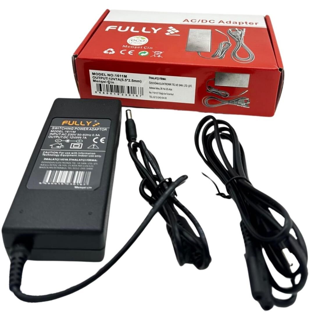 Ayt Fully 1611M 12 Volt 7 Amper 5.5x2.5 Uçlu Plastik Kasa Masaüstü Adaptör Şarj Cihazı Aleti