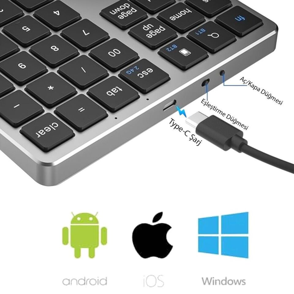 Ayt Powermaster PM-26595 Mini Gümüş Bluetooth 5.2 Kablosuz 35 Tuş Klavye Genişletme Sayı Bloğu Klavye Rakam Sayı Kısmı