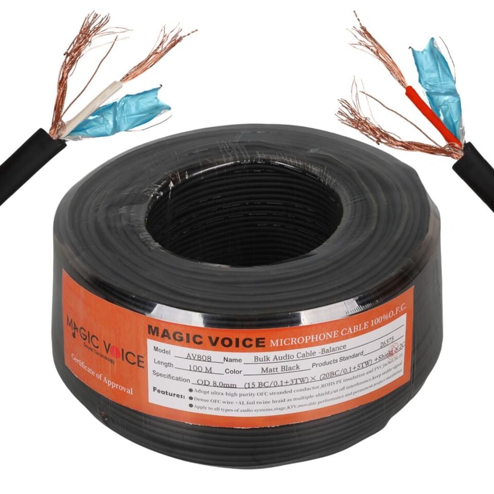 Magicvoice AV808 Profesyonel 2 Damarlı Blendajlı Enstrüman Mikrofon Ses Kablosu Stereo 100 Metre OD 8.0 (Folyo Zırhlı)