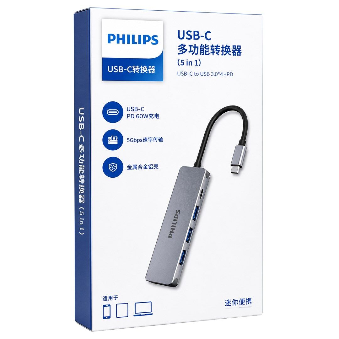 Philips SWR1607K/93 USB-C 5'İ 1 Arada Hub Çoklayıcı - 4 Port USB 3.0 + 60W PD Hızlı Şarj Destekli