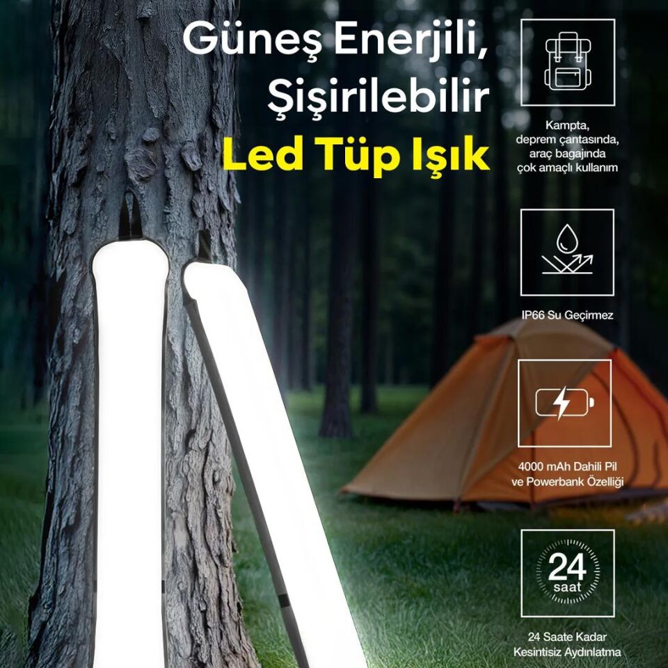 Ayt Zmr-385 Katlanır Şişirilebilir Beyaz Ledli Aydınlatma Tüpü Usb Ve Solar Güneş Enerjisi Şarjlı Armatür Kamp Lambası