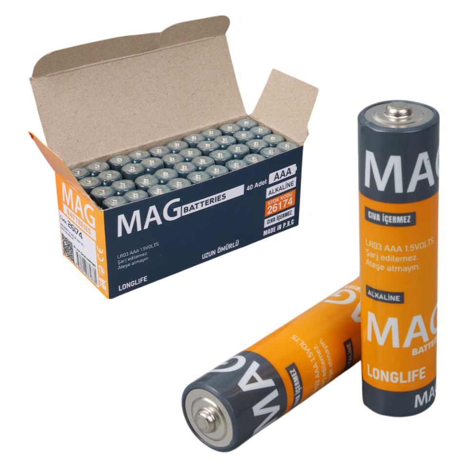 Mag Batteries MG-26174 Alkalin AAA 40'Lı İnce Kalem Pil Kumanda Pili (AAA, LR03, AM-4)