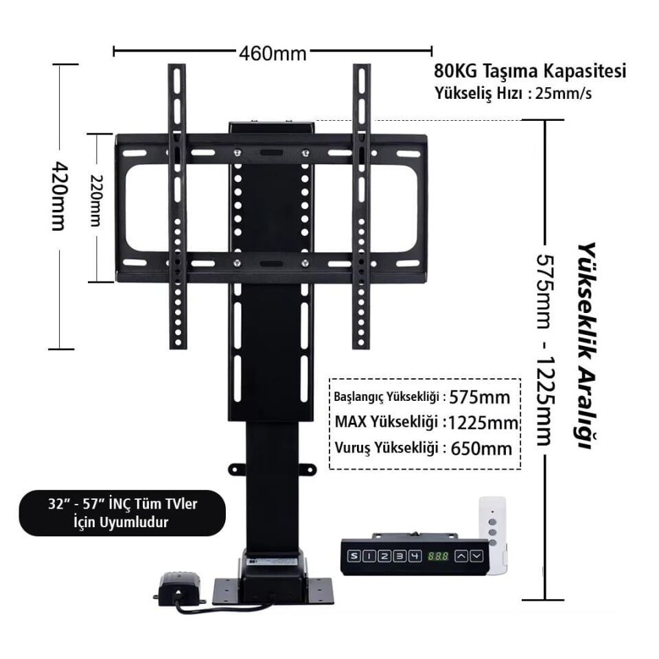 Powermaster 32-57 İnç Ayarlanabilir Yükseklik Uzaktan Kumandalı Lcd Led TV Kaldırma Aparatı Lift Asansörü 80 Kg Taşır