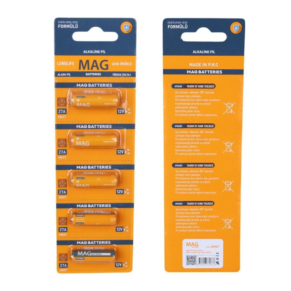 Mag Batteries MG-27 27A 12 Volt İnce Alarm Pili (5'Li Blister Paket)