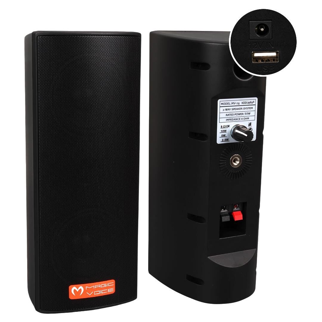 Magicvoice MV-26 2X7.5 CM 50 Watt Komütatörlü Hat Trafolu Siyah Sütun Hoparlör 2'Li Okul Cami Konferans Salonu Hoparlörü