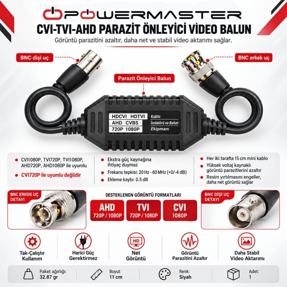 Powermaster CVI-TVI-AHD Parazit Önleyici Video Balun Güvenlik Kamerası Parazit Önleyici Kamera İçin