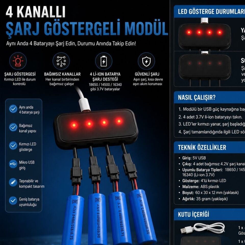 Powermaster PM-29140 4İn1 SM-2P Soket 3.7V Lityum Pil Usb Splitter Şarj Aleti