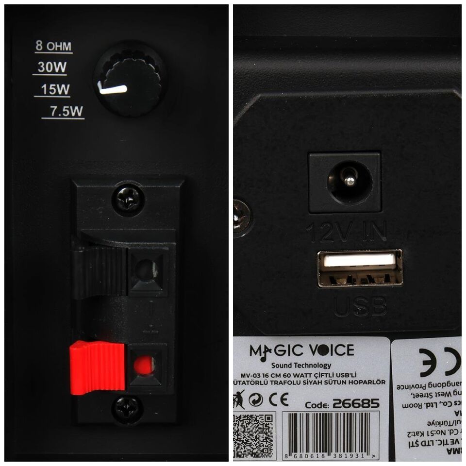 Magicvoice MV-19 2X7.5 CM 40 Watt Komütatörlü Hat Trafolu Siyah Sütun Hoparlör 2'Li Okul Cami Konferans Salonu Hoparlörü