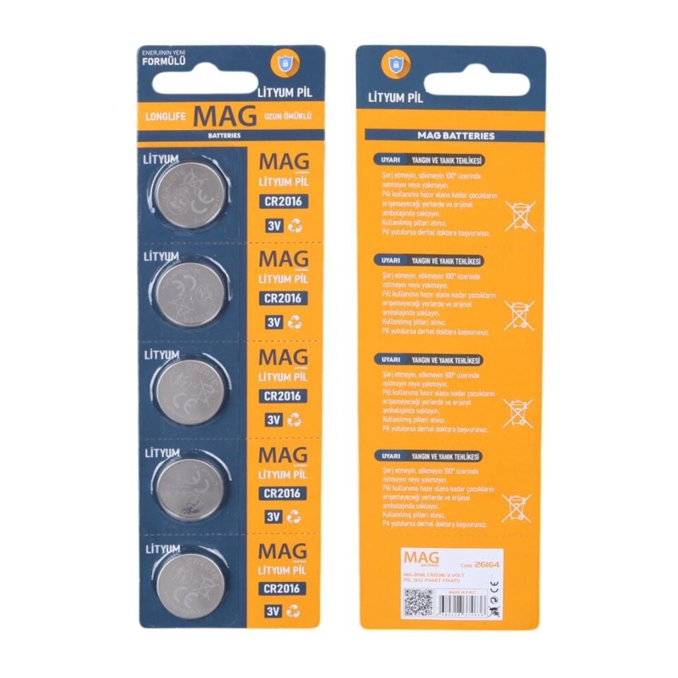 Mag Batteries MG-2016 CR2016 3 Volt Pil (5'Li Blister Paket)