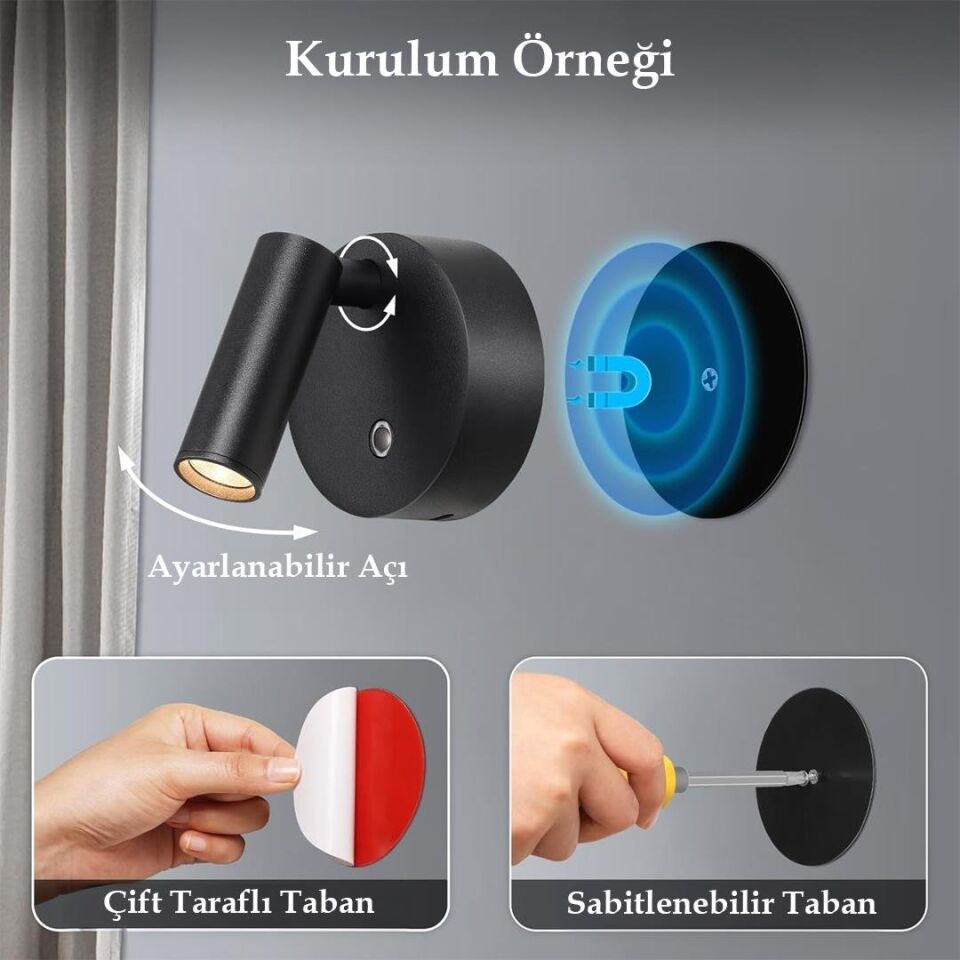 Ledx AL-XYD05 Çok Fonksiyonlu Dokunmatik Şarjlı 1200Mah Duvar Aplik 3000K-4000K-6500K TYPE-C Şarj Girişli