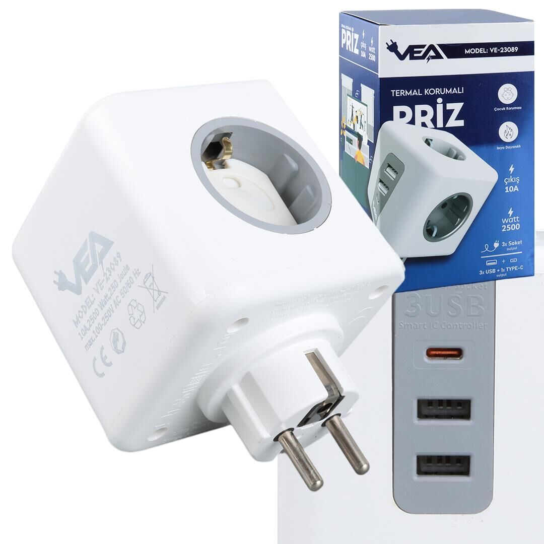 VEA VE-23089 2X USB 1X Type-C 3'Lü Çocuk Ve Termal Korumalı Grup Priz