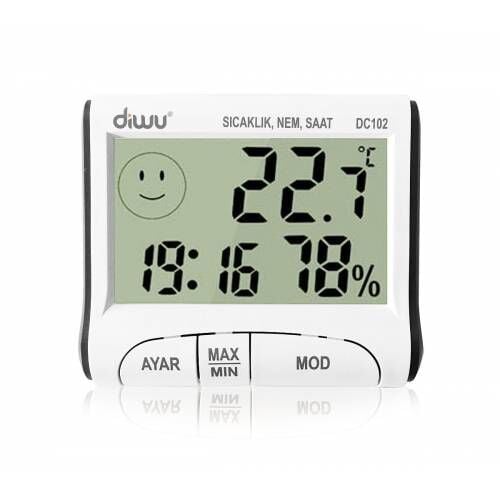 Diwu DC102 İç Mekan Termometre Nem Ölçer Saat