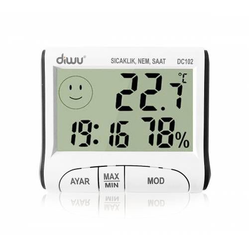Diwu DC102 İç Mekan Termometre Nem Ölçer Saat