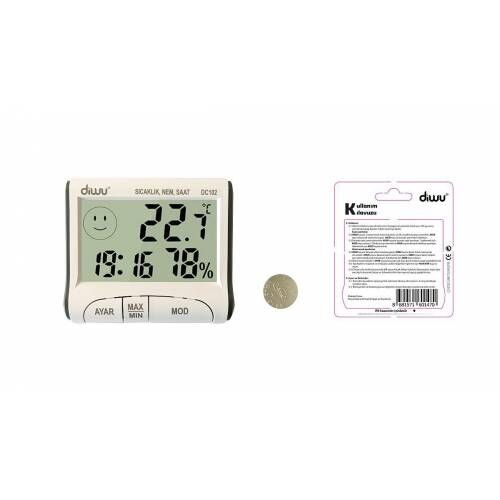 Diwu DC102 İç Mekan Termometre Nem Ölçer Saat
