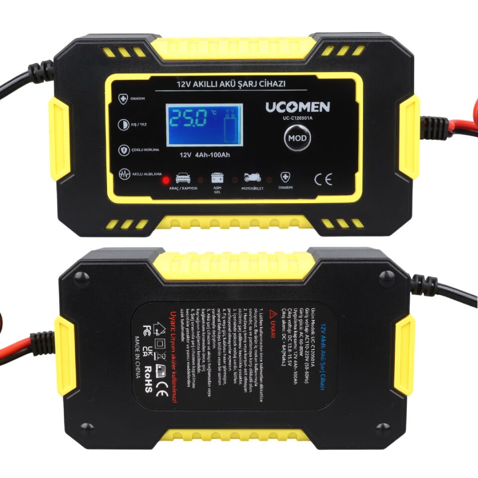 Ayt Ucomen UC-C120501A Sarı 12 Volt 6 Amper Kırmızı Led Göstergeli Akü Şarj Cihazı Oto Motor Akü Şarj Aleti