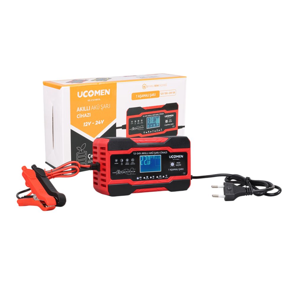 Ayt Ucomen UC-C121001A Kırmızı 12-24 Volt 10 Amper Led Göstergeli Akü Şarj Cihazı Oto Motor Akü Şarj Aleti