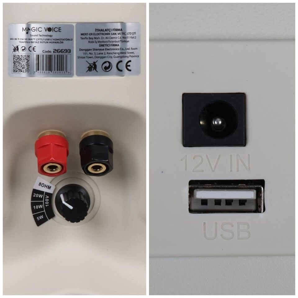 Magicvoice MV-36 11 CM 50 Watt Komütatörlü Hat Trafolu Beyaz Sütun Hoparlör 2'Li Okul Cami Konferans Salonu Hoparlörü