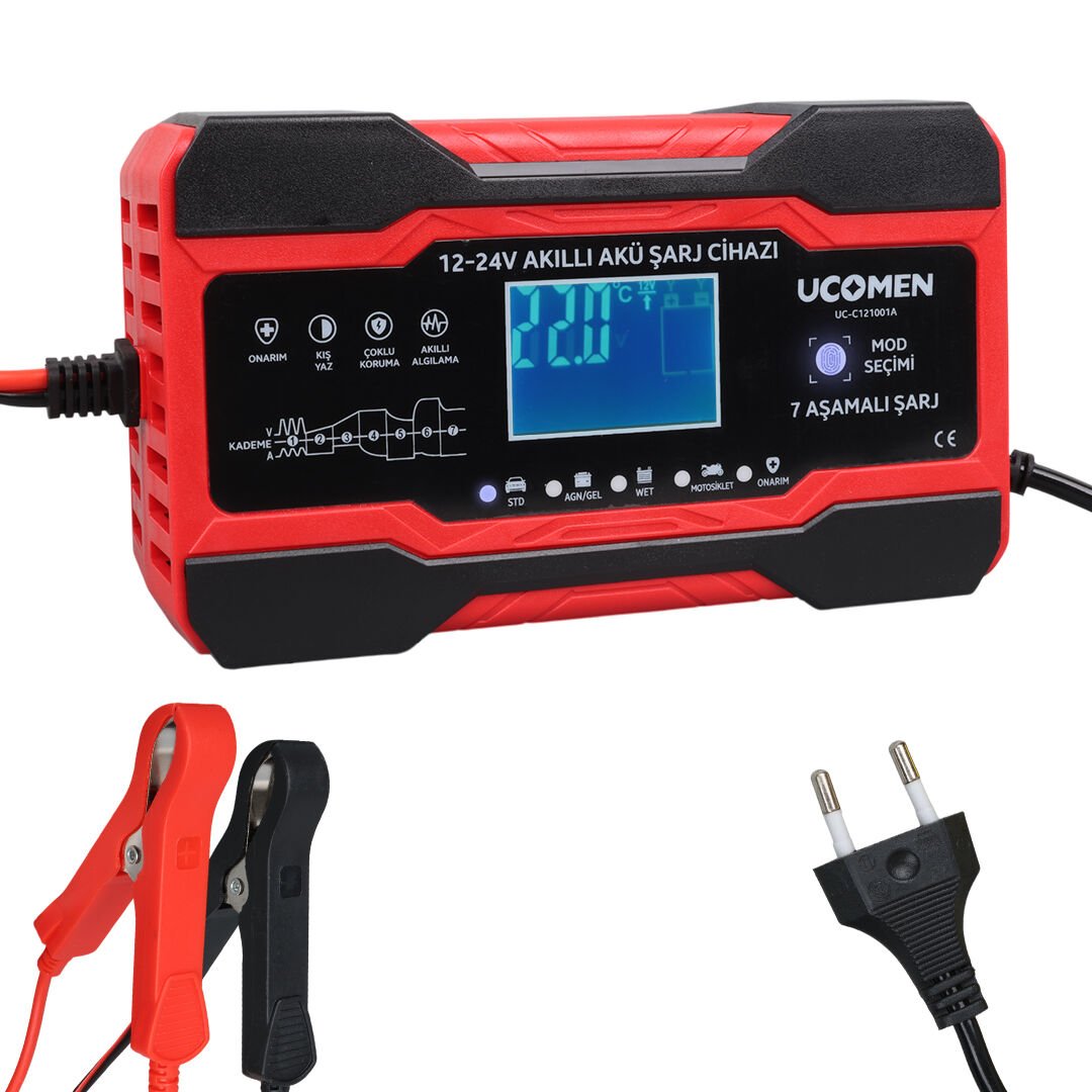 Ayt Ucomen UC-C121001A Kırmızı 12-24 Volt 10 Amper Led Göstergeli Akü Şarj Cihazı Oto Motor Akü Şarj Aleti