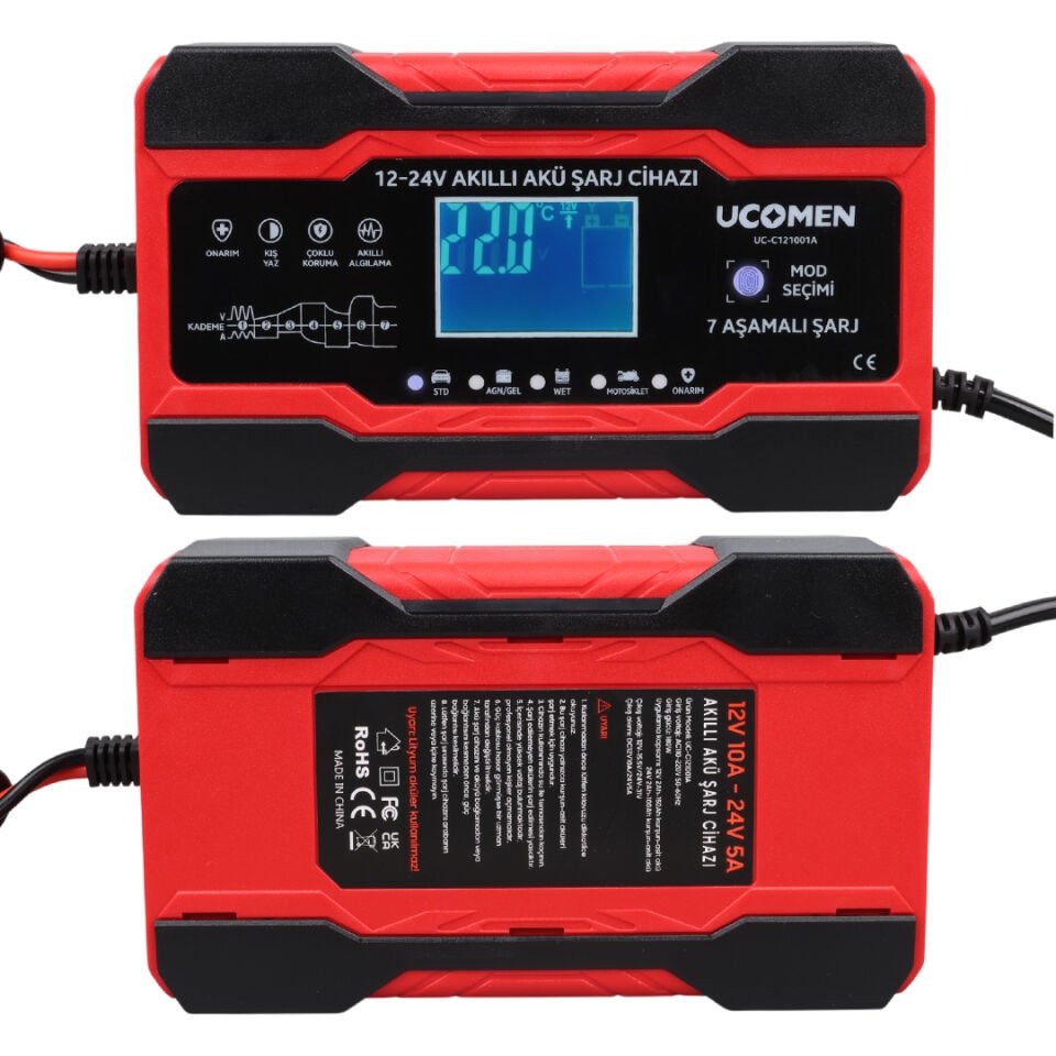 Ayt Ucomen UC-C121001A Kırmızı 12-24 Volt 10 Amper Led Göstergeli Akü Şarj Cihazı Oto Motor Akü Şarj Aleti