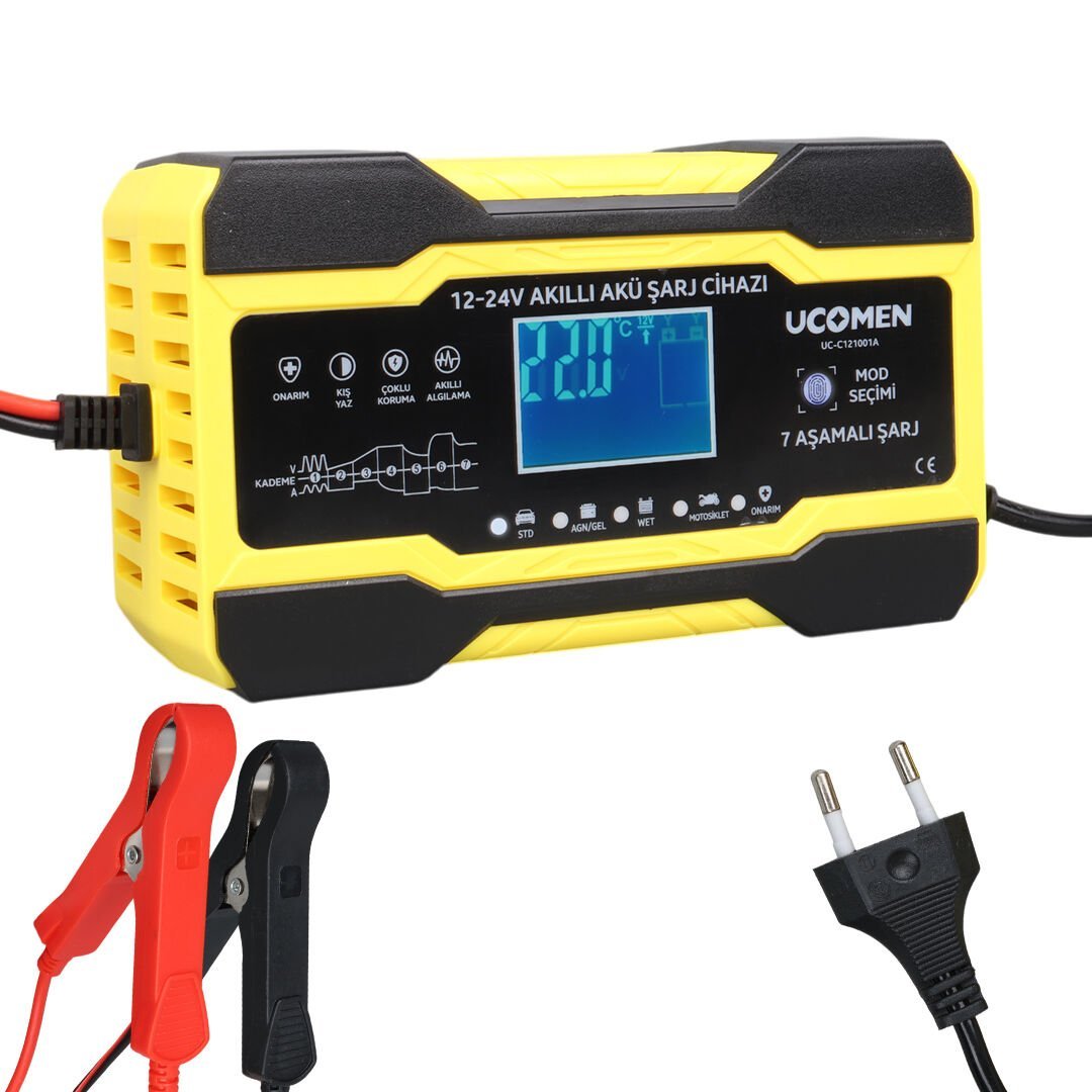 Ayt Ucomen UC-C121001A Sarı 12-24 Volt 10 Amper Led Göstergeli Akü Şarj Cihazı Oto Motor Akü Şarj Aleti