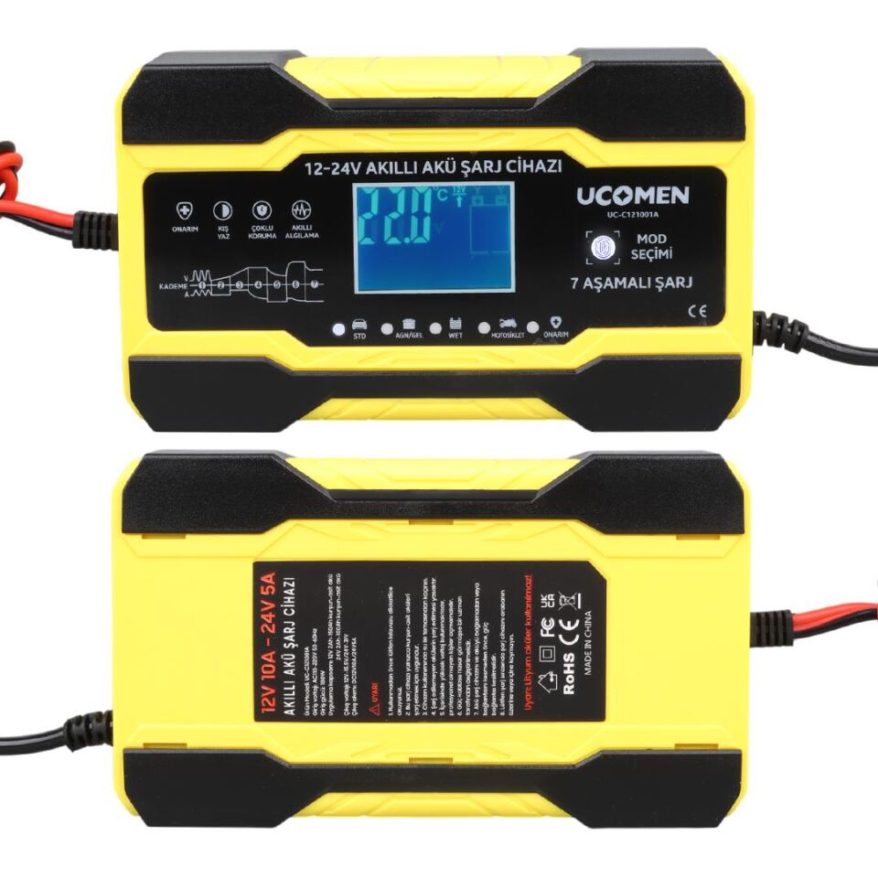 Ayt Ucomen UC-C121001A Sarı 12-24 Volt 10 Amper Led Göstergeli Akü Şarj Cihazı Oto Motor Akü Şarj Aleti