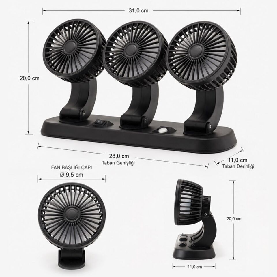 Powermaster Fan40 12 Volt Dc Çakmaklıklı Mini 3Lü Plastik Araç Fanı