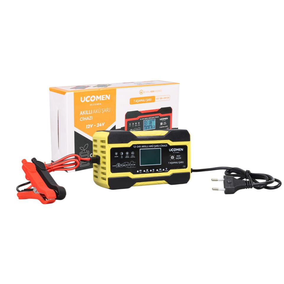 Ayt Ucomen UC-C121001A Sarı 12-24 Volt 10 Amper Led Göstergeli Akü Şarj Cihazı Oto Motor Akü Şarj Aleti