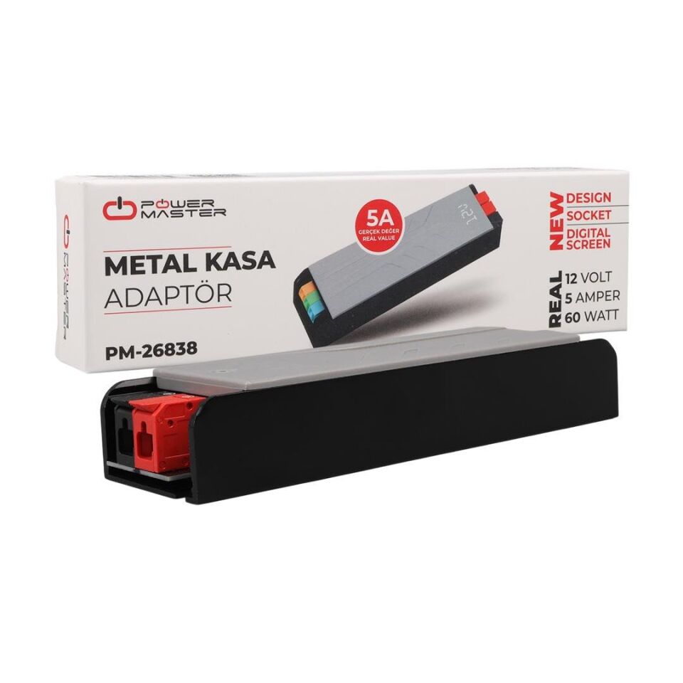 Ayt Powermaster PM-26838 12 Volt 5 Amper 60 Watt Slim Metal Kasa Adaptör Voltaj Göstergeli Şerit Led Adaptör 148X43x27mm