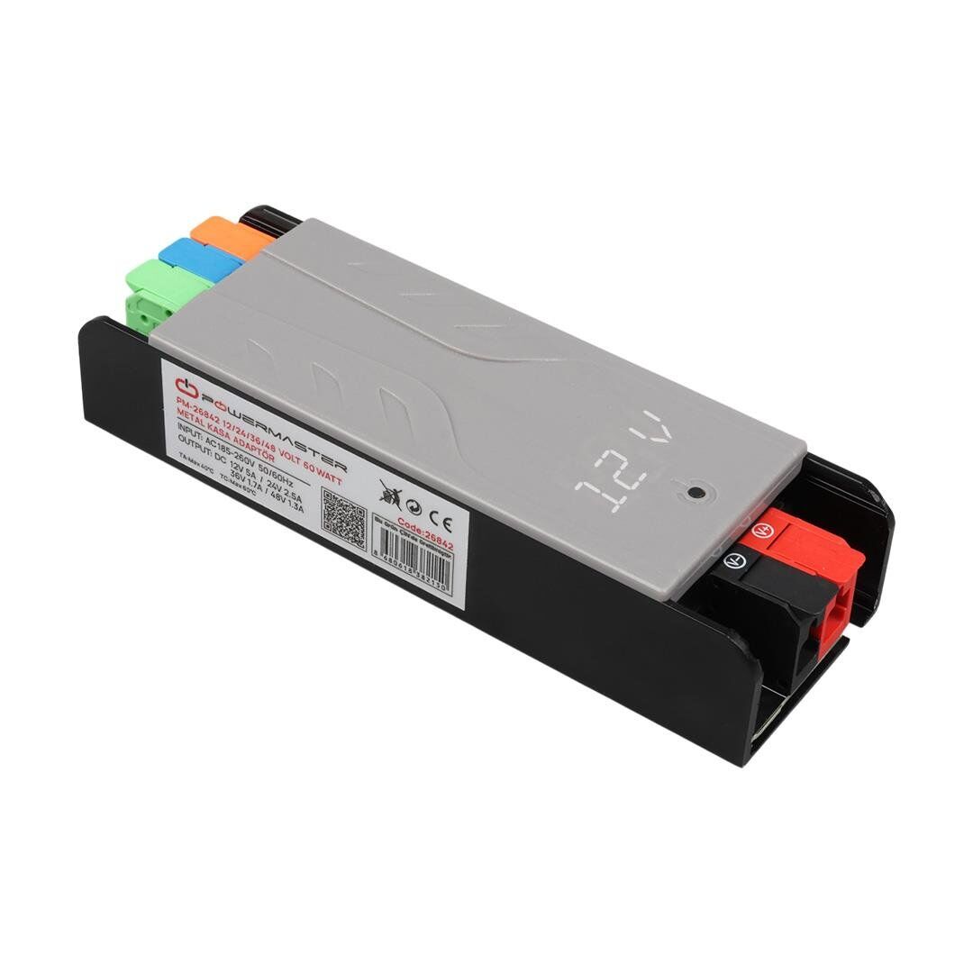Ayt Powermaster PM-26842 12-24-36-48 Volt 3 Amper 60 Watt Metal Kasa Kademeli Adaptör Voltaj Göstergeli 128X42x27mm